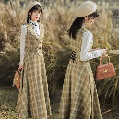 民国风小洋装两件套秋冬季少女复古女装格子马甲连衣裙大小姐套装