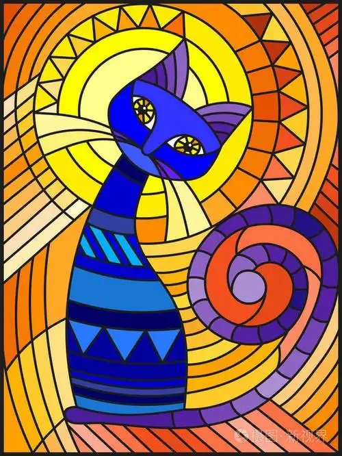 在橙色背景下用抽象蓝色几何猫着色的玻璃风格插图