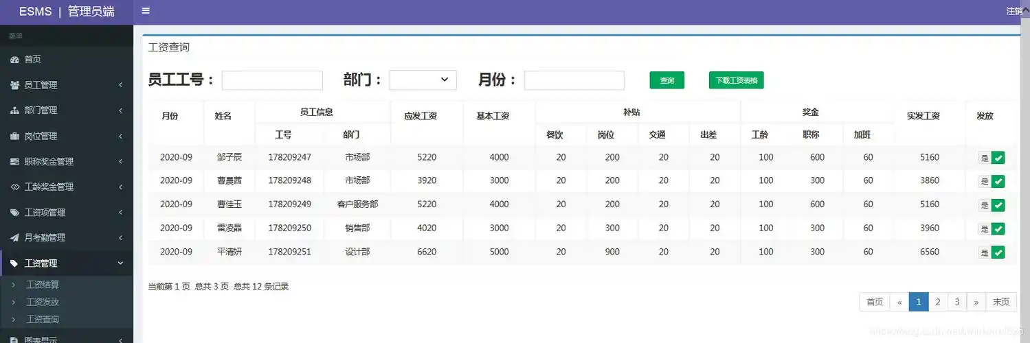 系统部分功能展示如下主要完成的功能 有:用户管理,部门管理,岗位工资