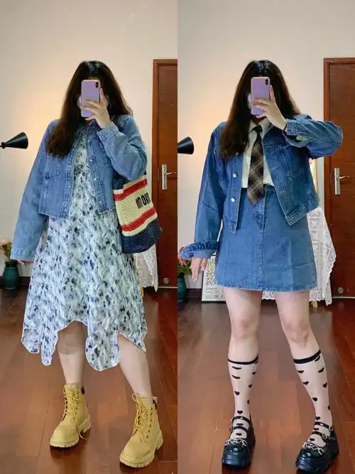 163150斤真胖女孩初秋牛仔风显瘦穿搭