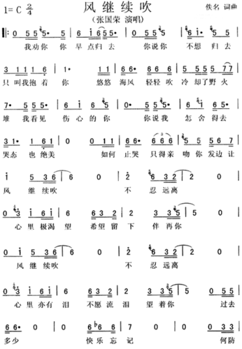 《风继续吹粤语》,原创歌曲简谱,通俗歌曲,国语歌曲谱 - 歌曲简谱