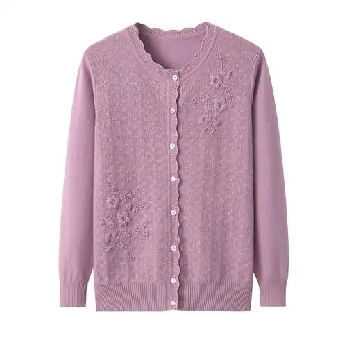 内蒙古中老年女装圆领对襟绣花羊绒针织衫宽松大码中老年女装