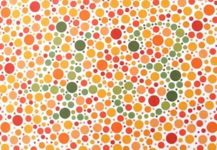 这是一张最为简单的色盲检测图了,因为图中的背景色就是简单的红色,而