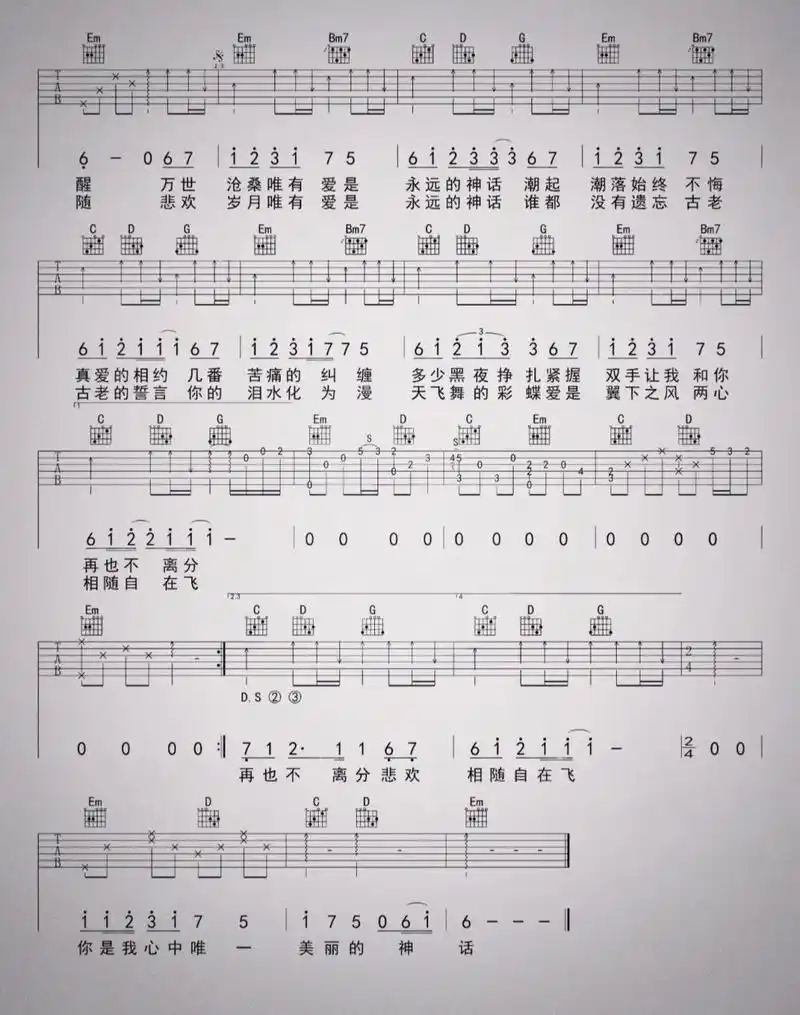 《美丽的神话》吉他谱      适合吉他,超好听的歌曲