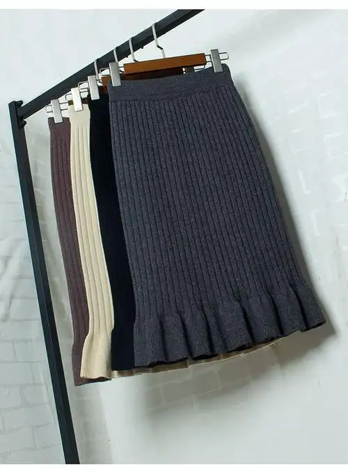 新款式春季针织一步裙半身裙中长款毛线裙秋冬高腰显瘦包臀荷叶边鱼尾