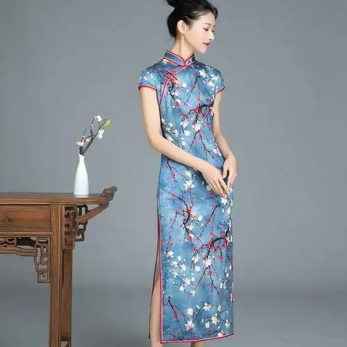 旗袍2020年春夏新款桑蚕蚕丝长款短袖真丝复古旗袍