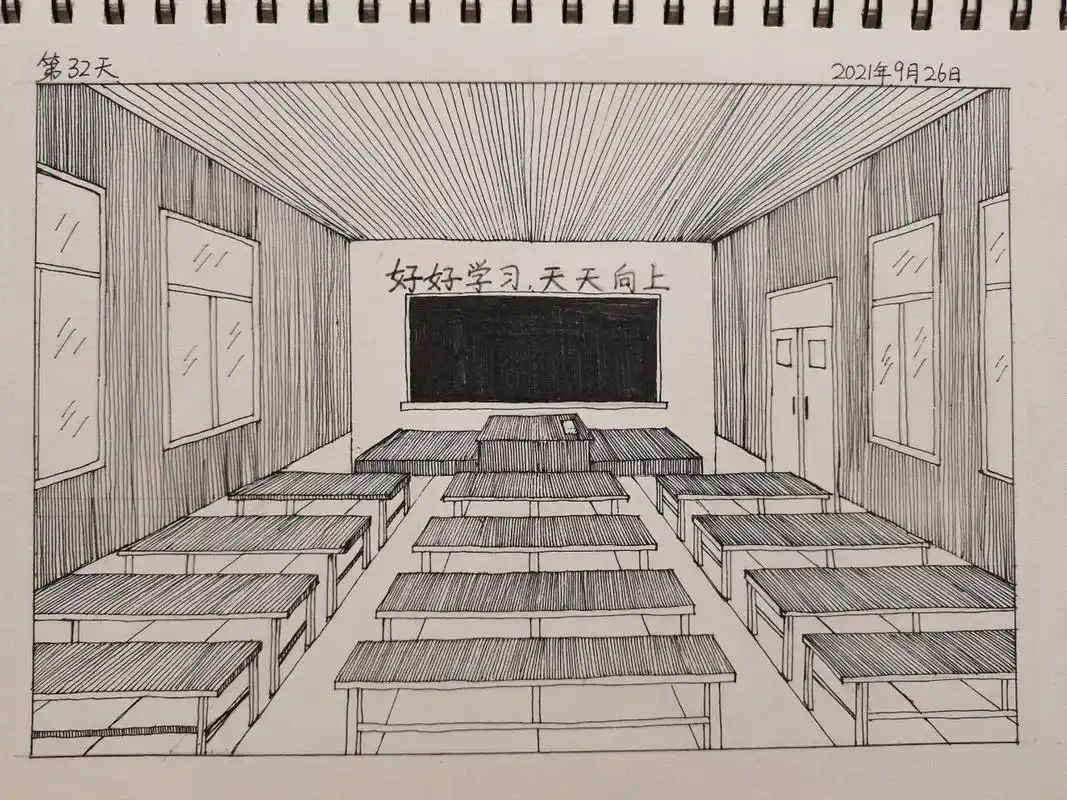 控笔练习/一点透视画教室(附步骤图)day32 ☀️控笔练习第32天