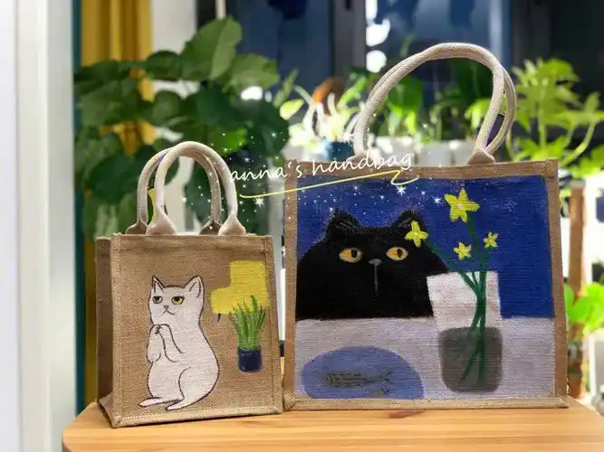 手绘muji麻布包二只猫咪