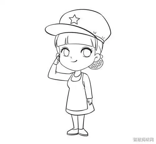女兵简笔画全身敬礼背影
