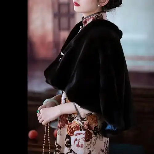 旗袍短外套斗篷保暖加厚百搭披肩华容毛旗袍水貂皮草