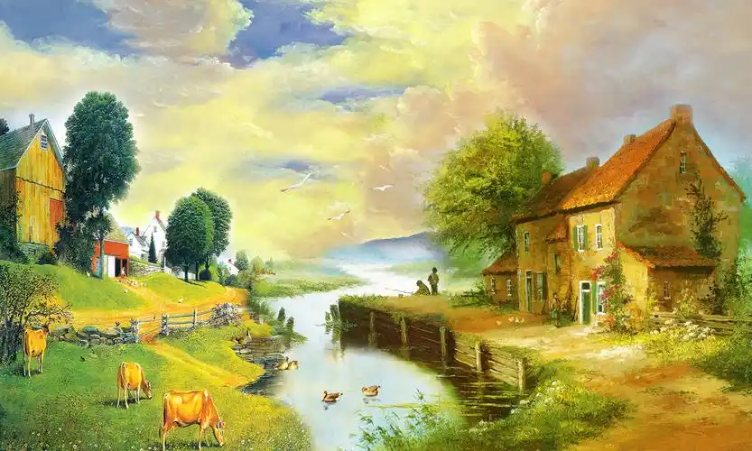 田园风景美丽乡村油画微喷无框画酒店餐厅咖啡厅客厅装饰画批发