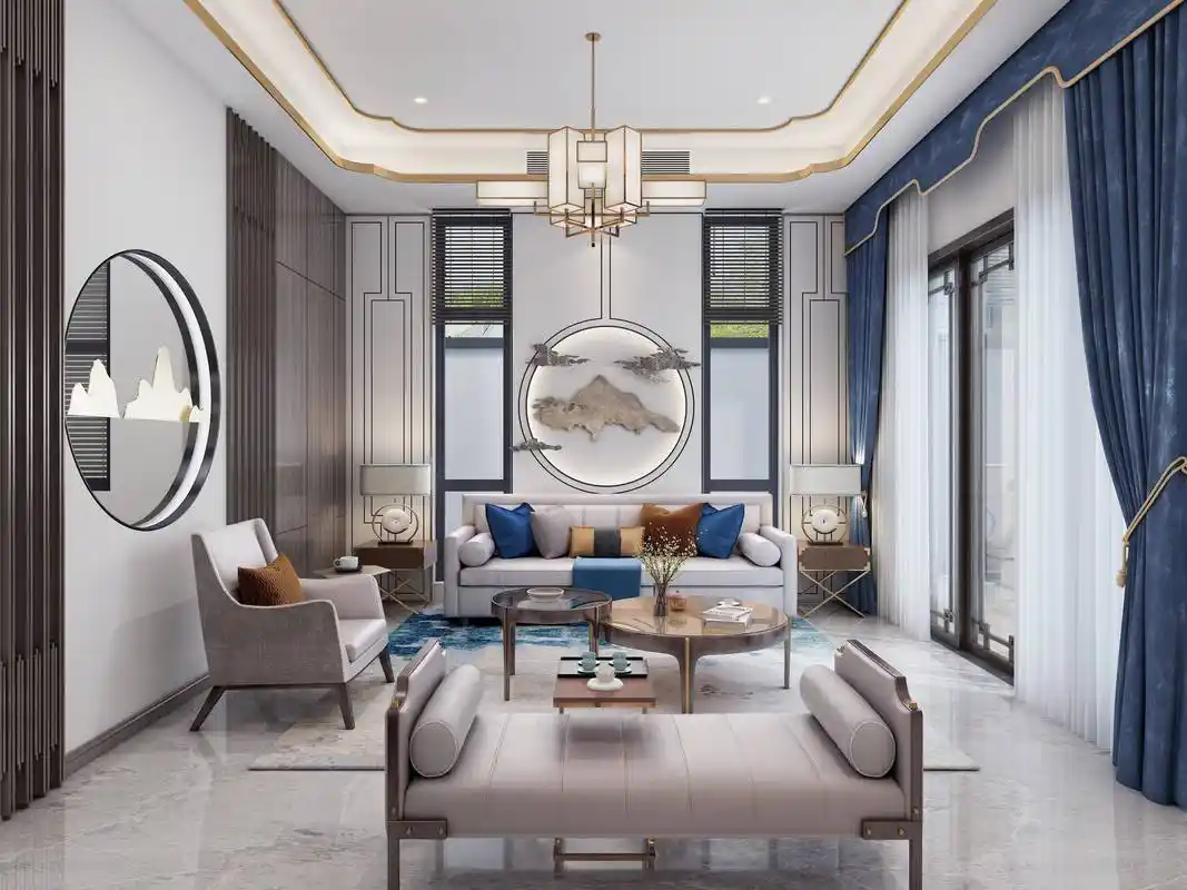 新中式风格装修效果图,魅力蓝与浅灰打造的优雅空间