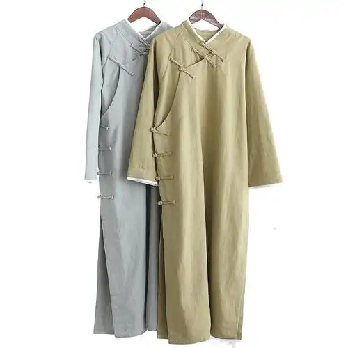 男装新款宽松苎麻料交领长袍子盘扣长衫禅茶唐装