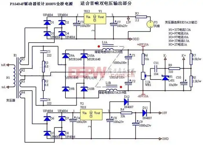 1000w全桥电源-音响双电压输出部分电路图