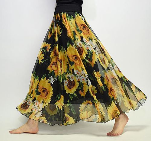 波西米亚风印花雪纺中长款半身裙 花裙子a字裙大摆女裙子沙滩长裙