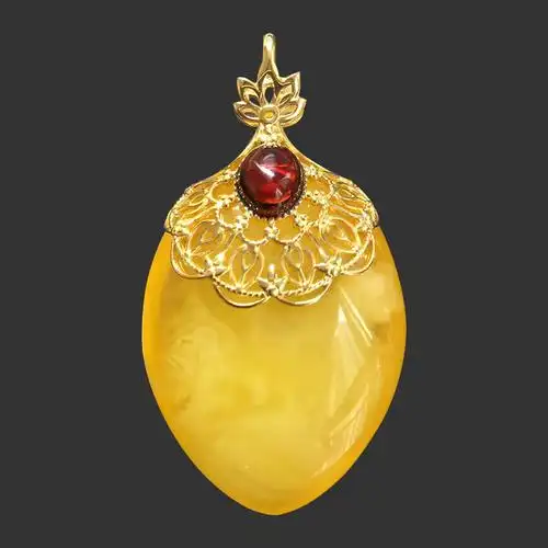 爱璞尔琥珀 纯天然蜜蜡吊坠波罗的海银镀金镶嵌琥珀蜜蜡吊坠女款