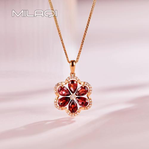 18k金天然石榴石花型时尚au750金镶吊坠 3965