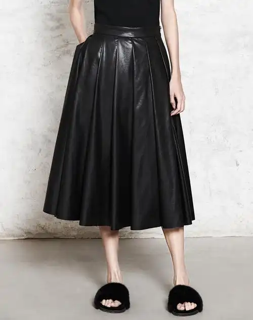 新款pu皮金属拉链宽边腰身皮质褶裥半身裙