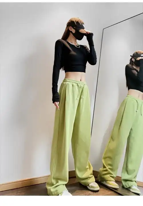 夏春茶美式牛油果绿运动裤女夏季2023新款高腰束脚卫裤休闲阔腿裤