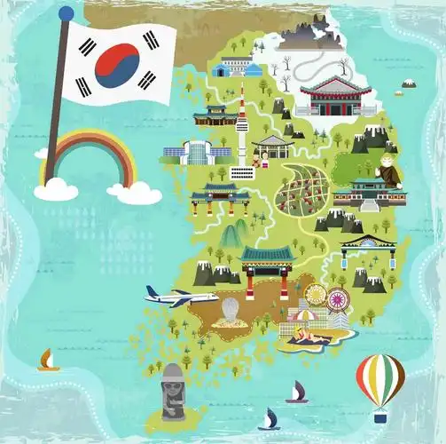 手绘矢量旅游韩国景点地图韩国国旗海报背景