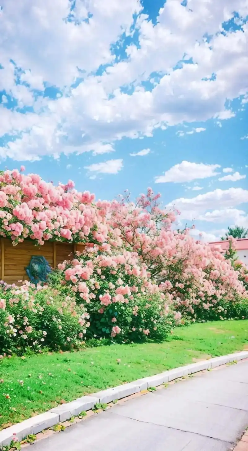 花海,蓝色粉色的玫瑰花,路上全是花瓣,天空上的云都 - 抖音