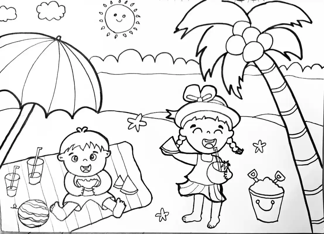 夏日海边沙滩创意画,儿童画,放暑假了 - 抖音