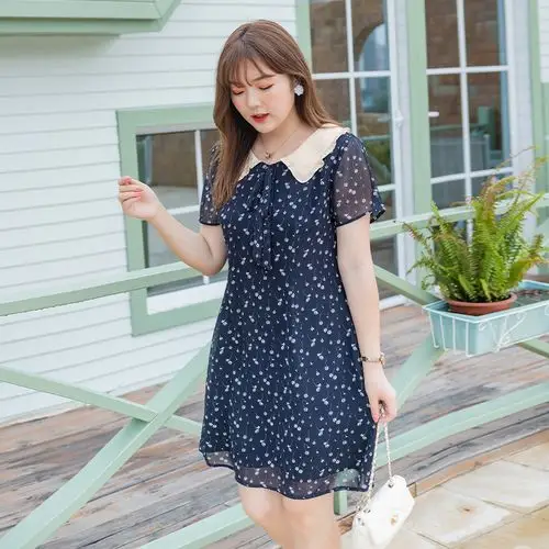 胖女人大码女装夏新款胖mm宽松遮肚洋气娃娃领显瘦减龄雪纺连衣裙