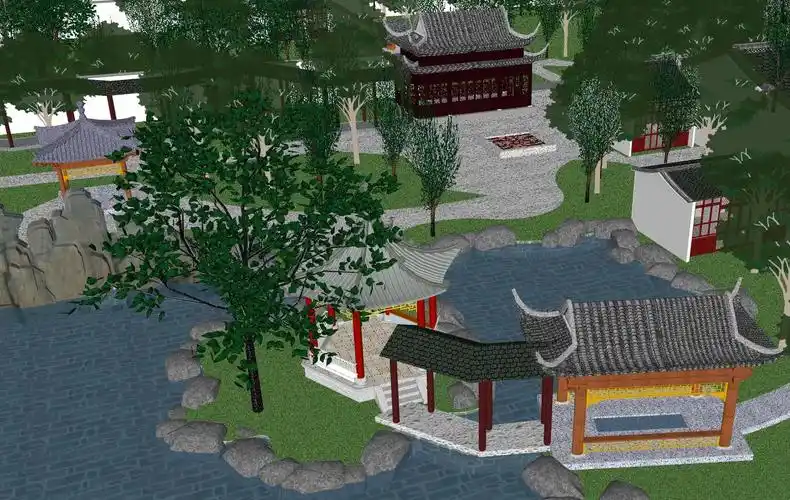 中式古建江南园林住宅苏州留园建筑模型1su模型