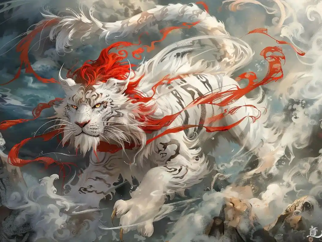 中国白泽为虎首,龙或麒麟身,双角,有发. 东望山神兽, - 抖音