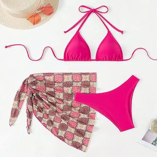新款潮流比基尼速卖通性感泳装欧美时尚挂脖系带沙滩泳衣三件套女