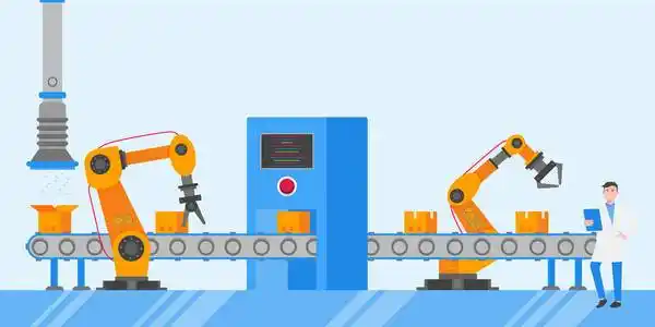 生产传送带和操作人员生产线,配有机器人臂纸板箱和自动生产线掌