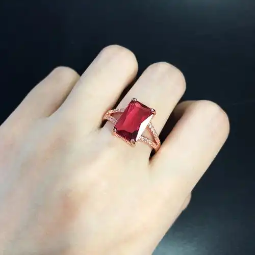 新品欧美气质长方形仿真红碧玺宝石彩宝开口戒指女 玫瑰金色指环