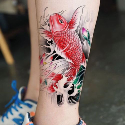 防水纹身贴男女大红荷花鲤鱼花臂手臂大腿刺青持久彩色逼真