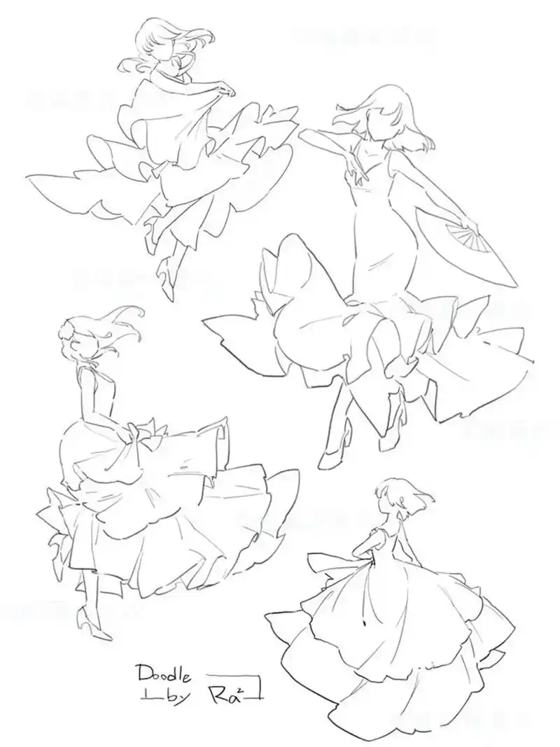 【绘画素材】各类裙子画法和服装褶皱参考78.