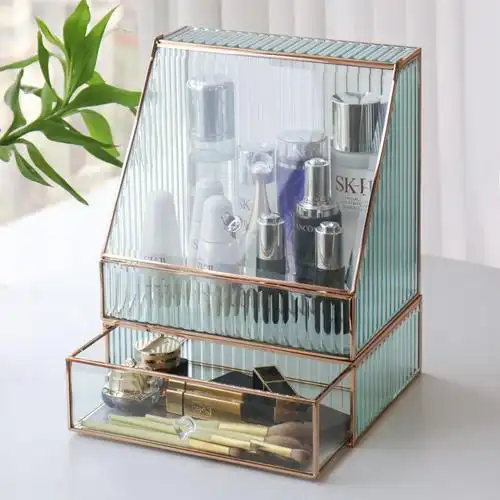 梳妆台防尘玻璃化妆品收纳盒 家用桌面翻盖抽屉组合护肤品置物架