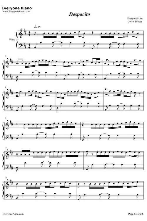 despacito-justin bieber五线谱预览1