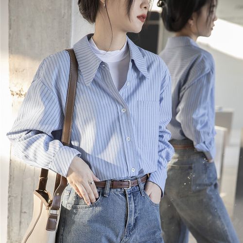 京蝌蝌衬衫女灯芯绒加厚衬衣2023秋冬磨毛蓝色条纹衬衫女教师面试港风