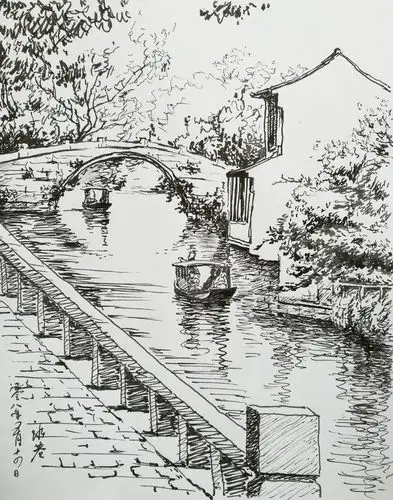 阎志华钢笔风景画