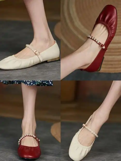 法式复古方头珍珠一字带浅口单鞋低跟鞋