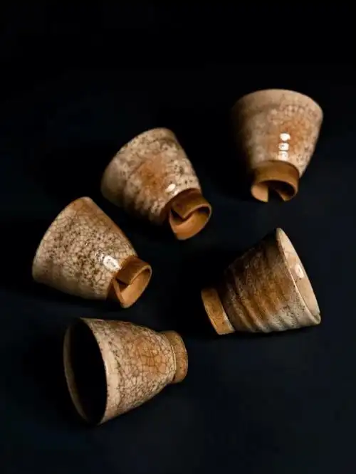 古萩烧虫噬纹五客杯中古品年代物