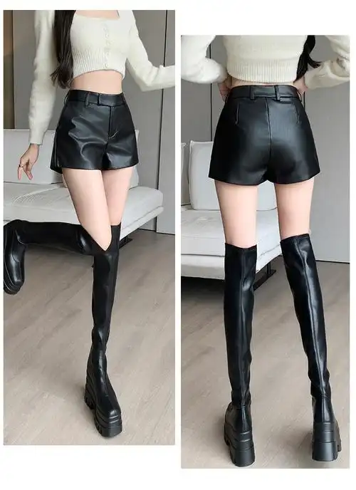 实拍 秋冬款极简约pu皮裤女士修身修身显瘦超短裤 - 17网