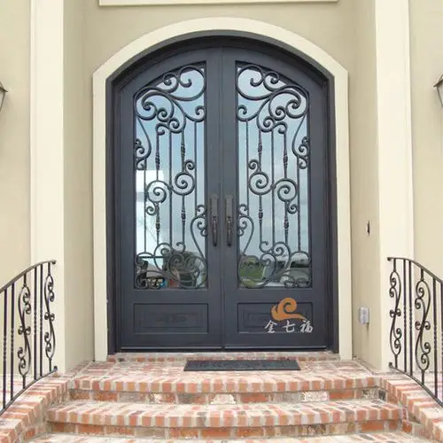 北京别墅玻璃门透光通风金钢纱网入户大门手工锻打防盗弧形双开门