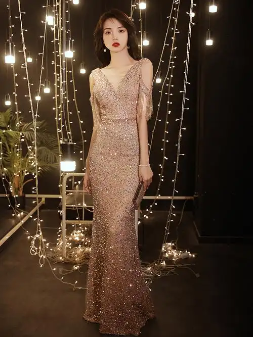 鱼尾晚礼服裙女夏宴会主持人长款气质感名媛小众轻奢