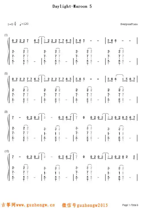 daylight-maroon 5(简谱 需改编)