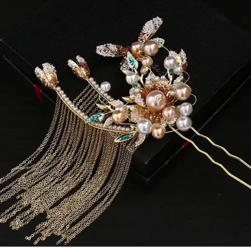 头饰金色中式秀禾服大气流苏步摇凤冠婚礼饰品显脸小耳勾款简单包装