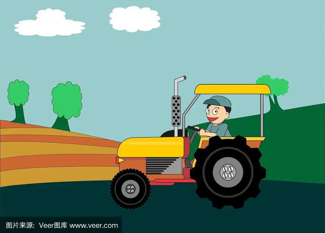 卡通农民开着彩色拖拉机
