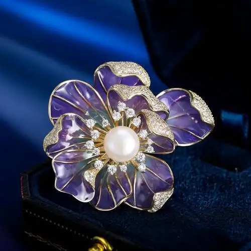 气质高档设计感胸花别针花朵彩色滴油秋冬衣饰淡水珍珠牡丹花胸针