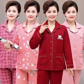 薄款加厚夹层空气棉家居服冬季夹棉套装中老年人妈妈睡衣女秋冬款
