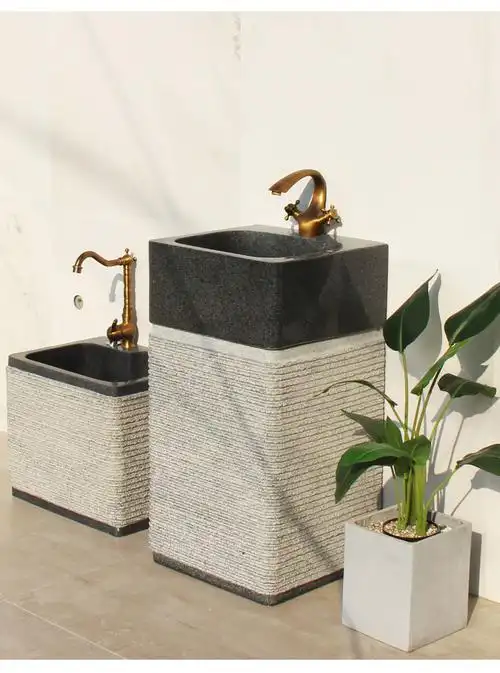 石头洗手盆水槽室外大理石立柱盆户外水池落地洗手台一体庭院别墅