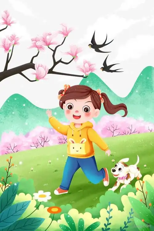 春季踏青郊游女孩小狗春景插画
